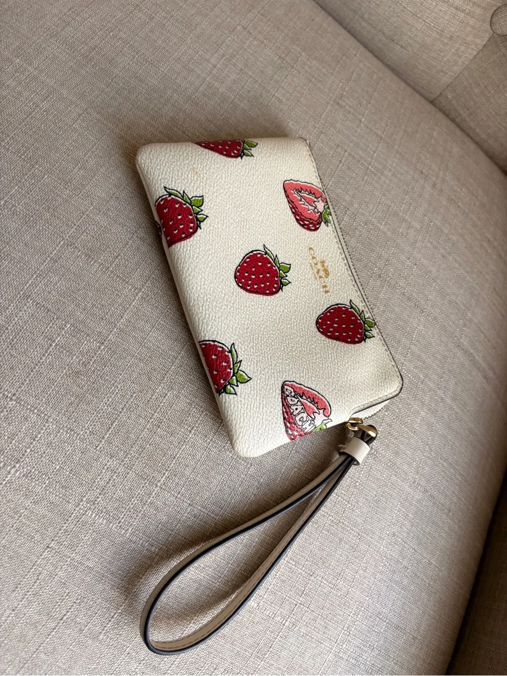 Coach White Strawberry Print Wristlet with Red and Green Accents